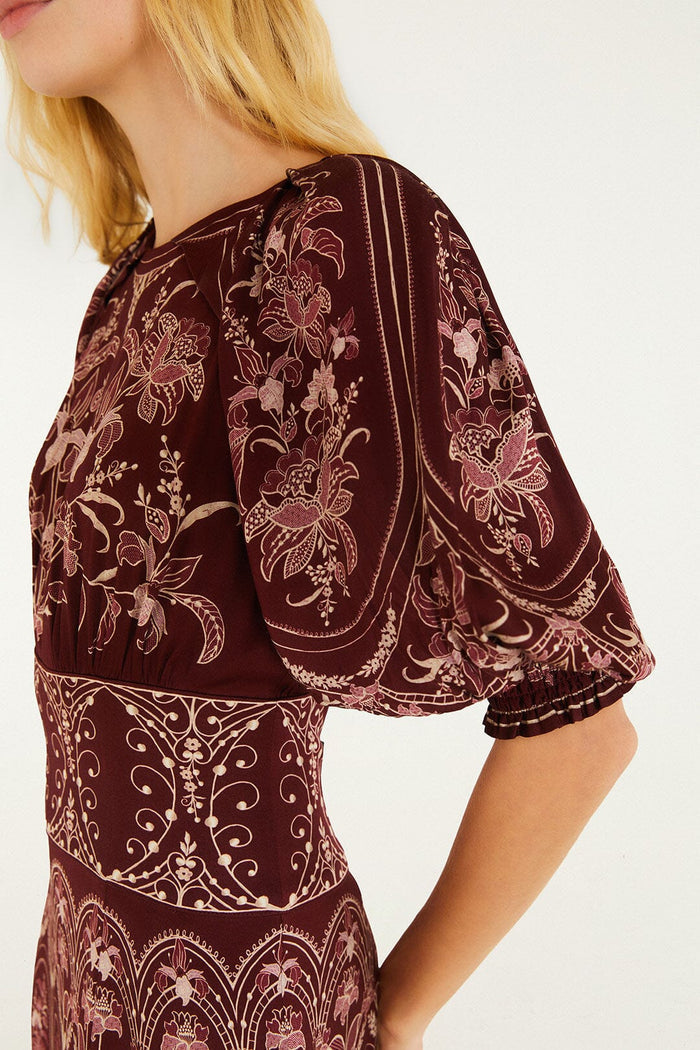 Farm Rio Liz Puff Sleeve Maxi Dress in Burgundy