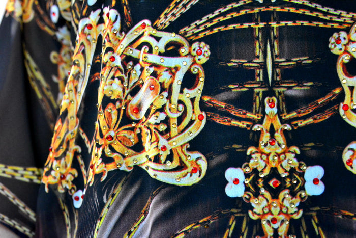 Golden Intricate Kaftan, Short Georgette Kaftan, Crystals Embellished Caftan - 1113A
