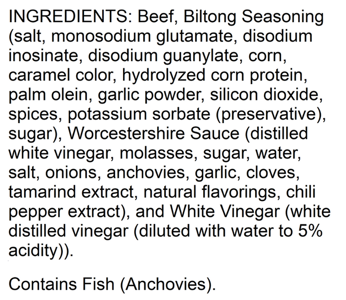 Black text on a white background listing ingredients for beef biltong, including spices and Worcestershire sauce.