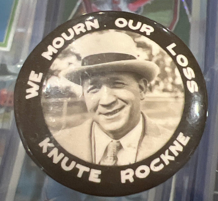 1931 Knute Rockne Button Pin Label Stamp on Back 1 1/4”