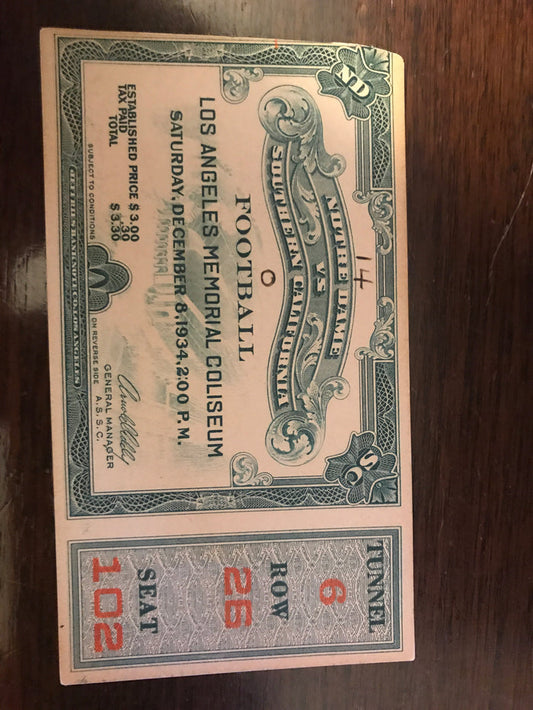 1934 Notre Dame vs USC Football Ticket Stub