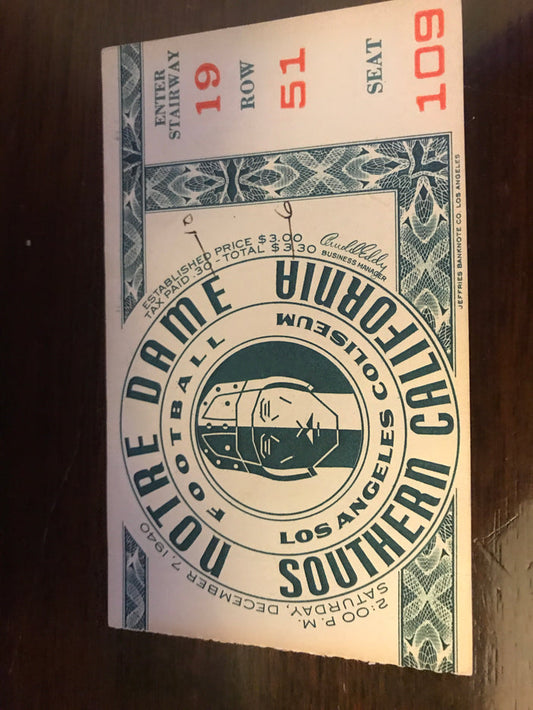 1940 Notre Dame vs USC Football Ticket Stub