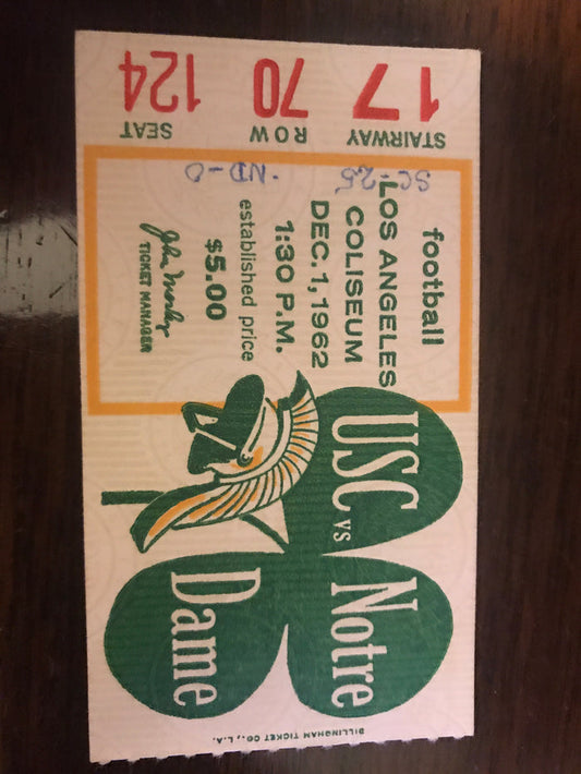 1962 Notre Dame vs USC Football Ticket Stub