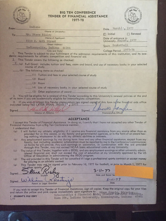 1977 Big Ten Indiana University Basketball Signed Letter of Intent - Vintage Indy Sports
