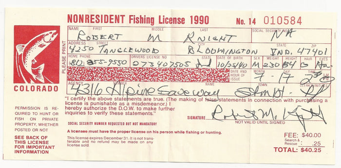 1990 Wyoming Bob Knight Personal Signed Fishing License - Vintage Indy Sports