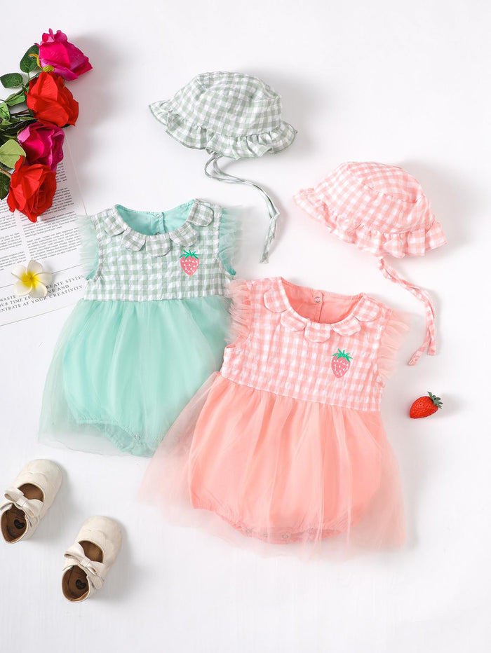 2-9M Kid Fashion Ready Stock Plaid Summer Sleeveless Splice Gauze Romper Dress With Hat 2Pcs Catpapa ZX-ZB032