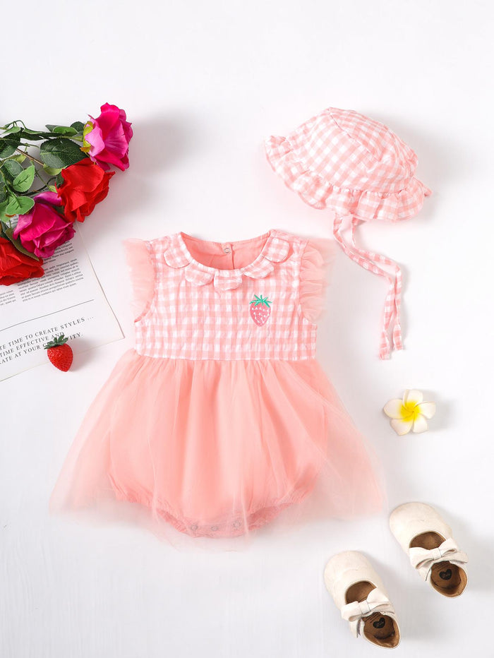 2-9M Kid Fashion Ready Stock Plaid Summer Sleeveless Splice Gauze Romper Dress With Hat 2Pcs Catpapa ZX-ZB032