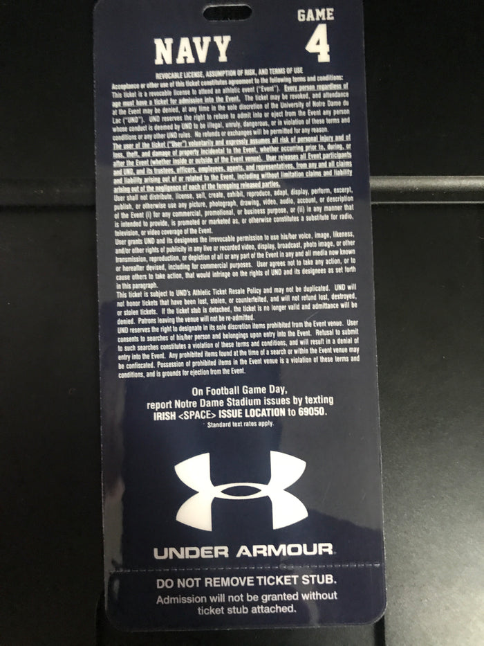 2015 Navy vs Notre Dame Full Plastic Ticket