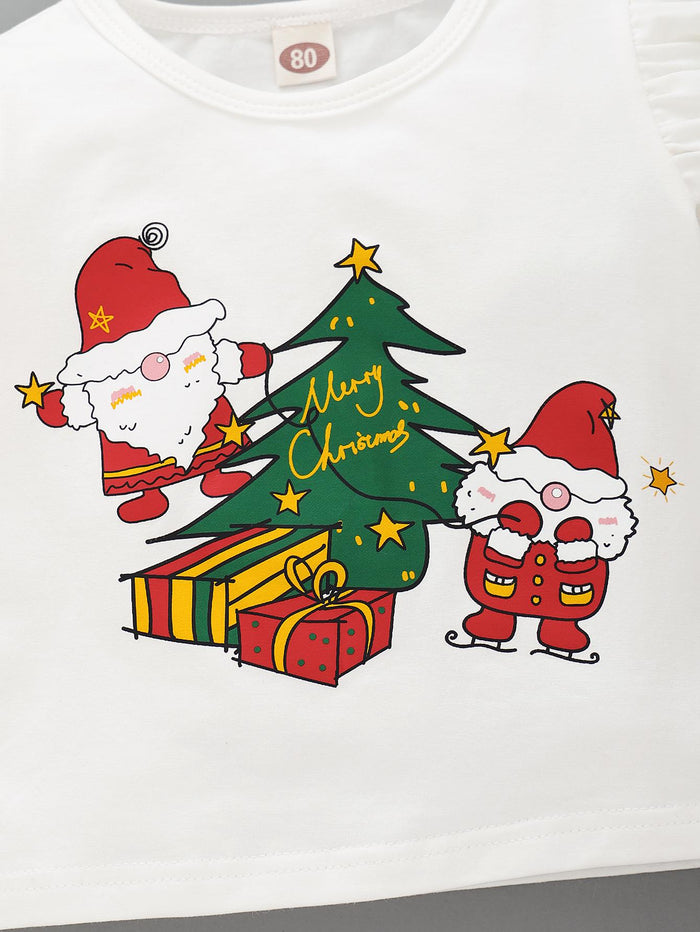 3-24M Baby Girls Clothes Santa Christmas Trees Print Shirt Straps Suspender Skirts 2Pcs Outfits White Catpapa WL20081450