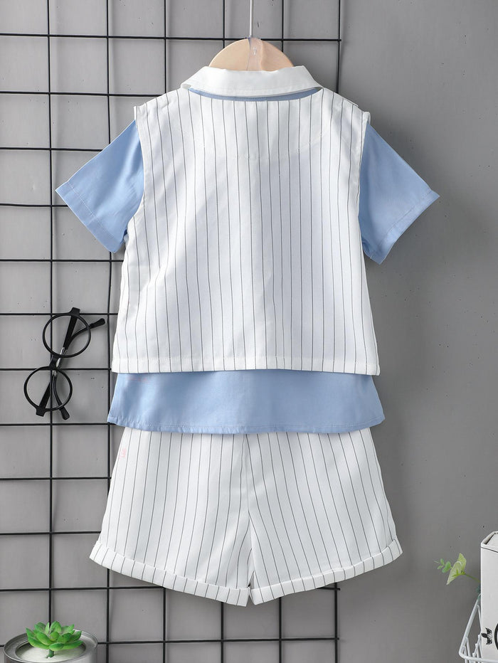 3-7Y Kids Fashion Boys Clothes Courtly Style Turn-down Shirts Stripe Vest Shorts 3Pcs Gentle Outfits Blue Catpapa 112211152