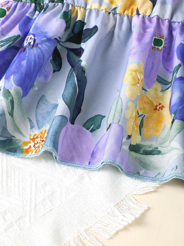 5-14Y Big Girls Clothes Floral Print Summer Straps Tops Washed Demin Pants 2Pcs Outfits Set Blue Catpapa 462302002