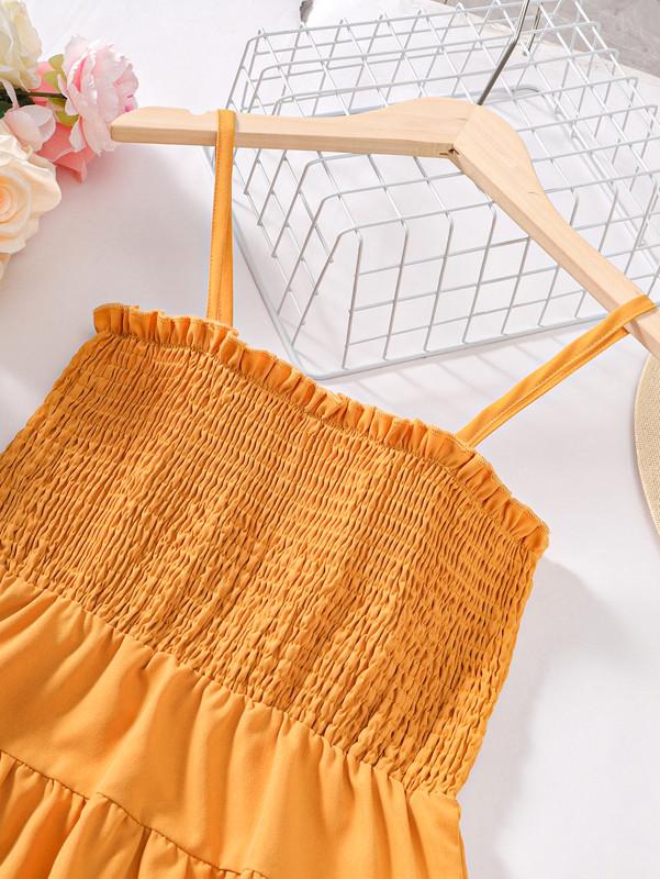 5-14Y Ready Stock Kids Girls Dress Straps Summer Smocking Layered Dress One Piece Sun Dress Yellow 462302013