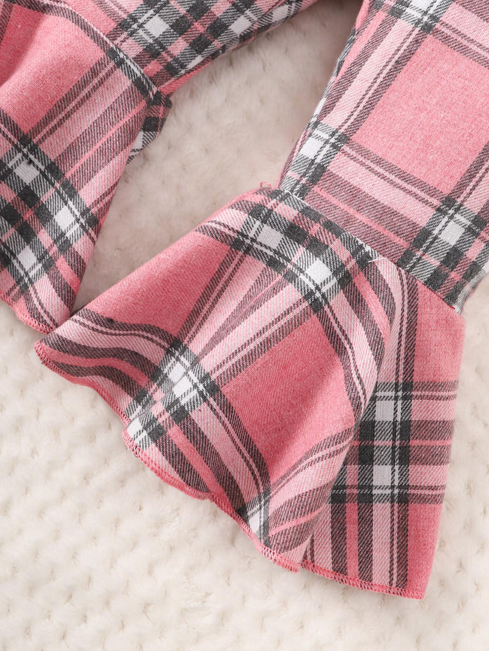 6M-3Y Baby girl pink plaid and white long-sleeved bell pants suit baby girl clothes Catpapa 112206601-4