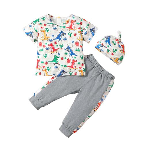 6M-3Y Kid Fashion Ready Stock Baby Boys Clothes OOTD Dinosaur Short Sleeve Elastic Pants Hat 3Pcs Outfits Gray Catpapa 122205754