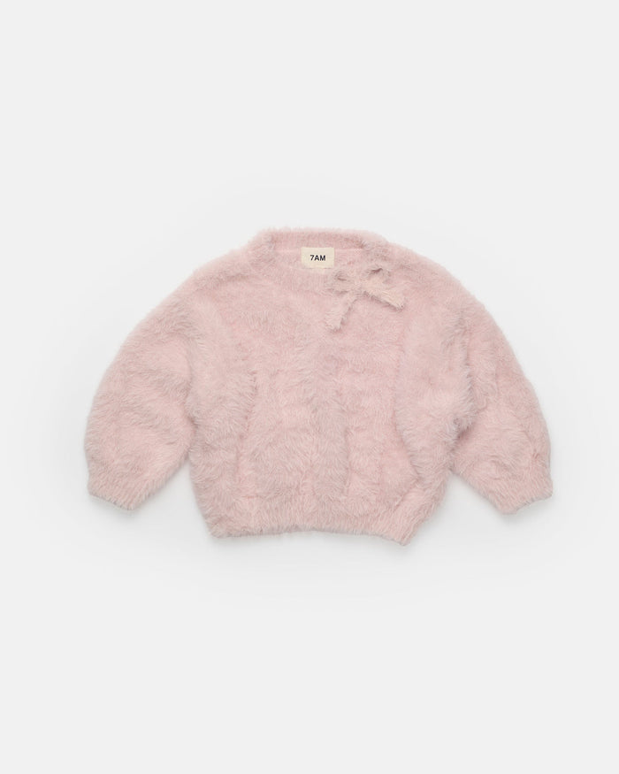 7AM Enfant Boxy Fuzzy Sweater with Bow in Powder Pink