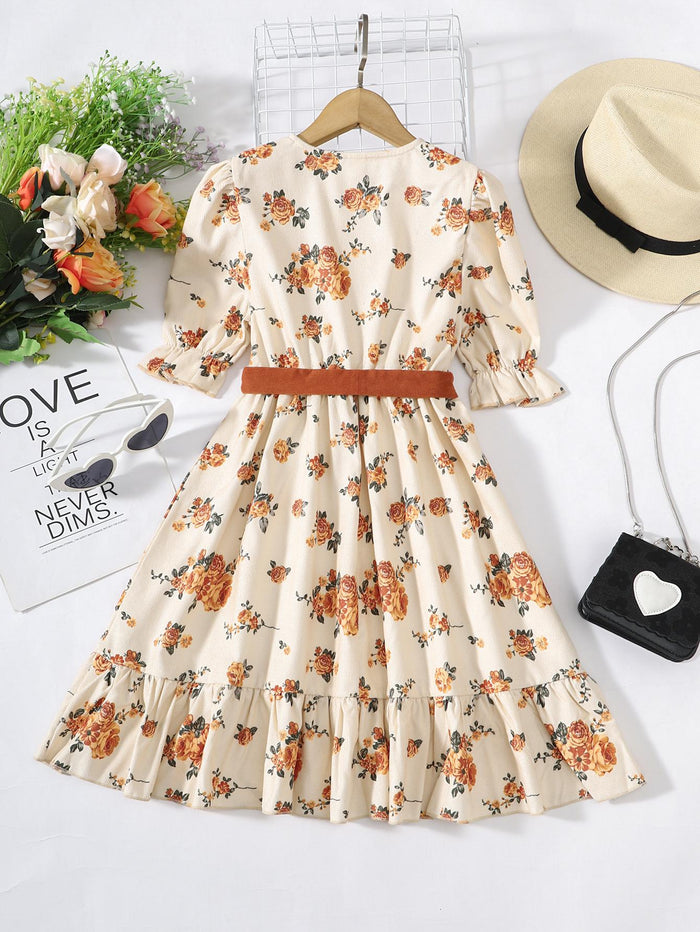 8-12Y Kids Fashion Girls Dress Bubble Sleeve Floral Print One Piece Sun Dress Apricot Catpapa GS112210604