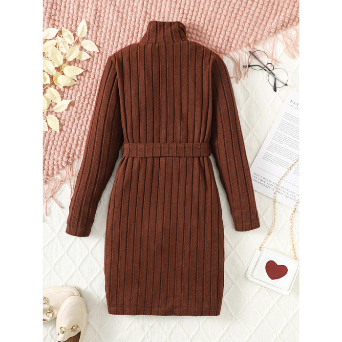 8-14Y Big Girls Elegant Dress Rib Solid Color Stan-up Collar Fall Winter Long Sleeve Dress With A Belt Catpapa 462308017