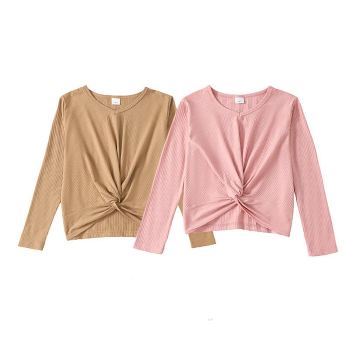 8-14Y Ready Stock 8-14y Kid Girls Shirt Twist Knot Casual V-neck Solid Color Long Sleeve Pullover Top Kakhi Catpapa 462306023