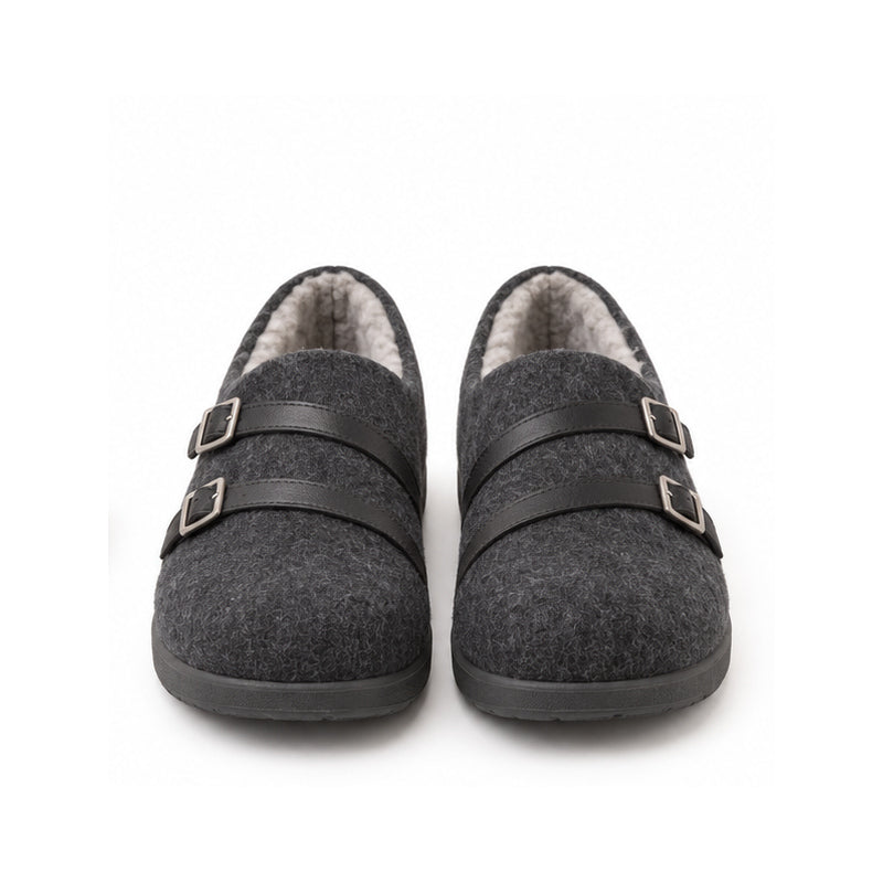 Charcoal Felt Double-Buckle Shoes