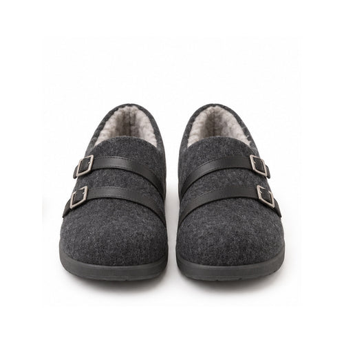 Charcoal Felt Double-Buckle Shoes
