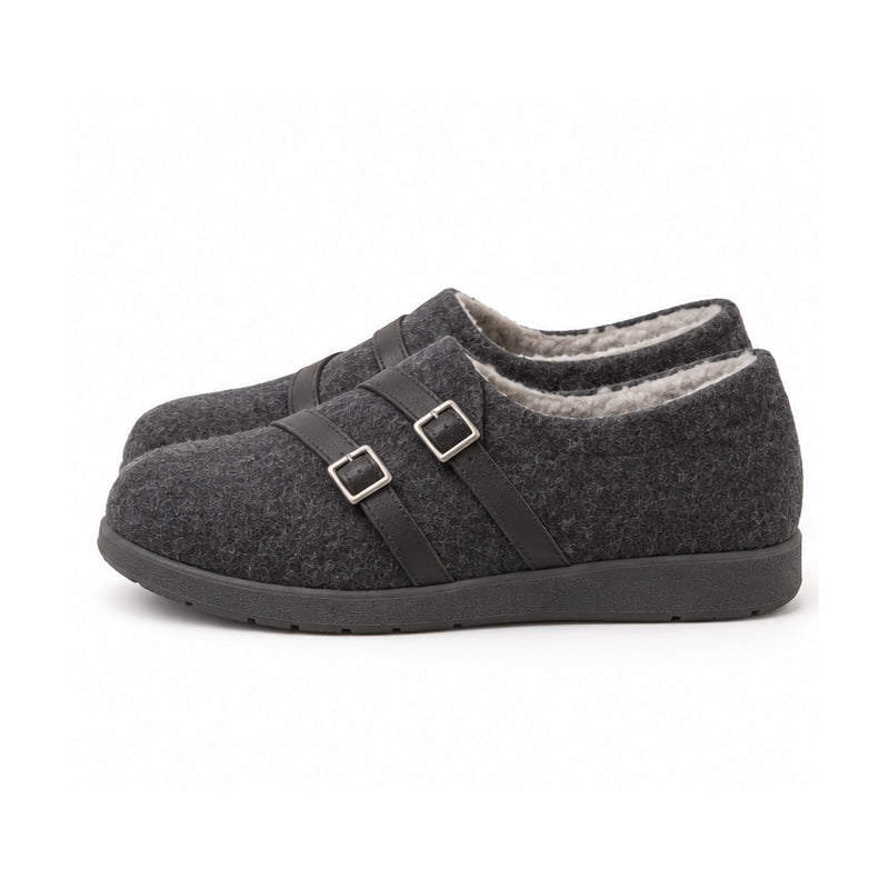 Charcoal Felt Double-Buckle Shoes