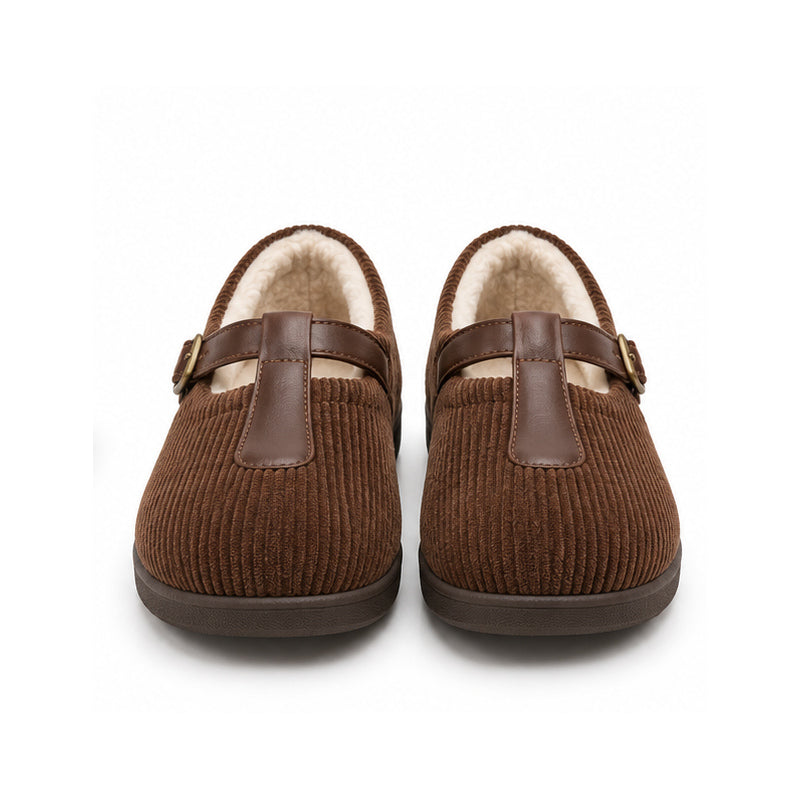 Walnut Corduroy T-Strap Shoes