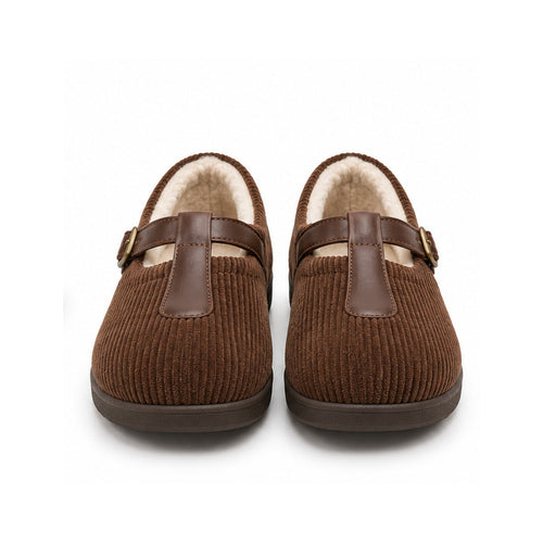 Walnut Corduroy T-Strap Shoes