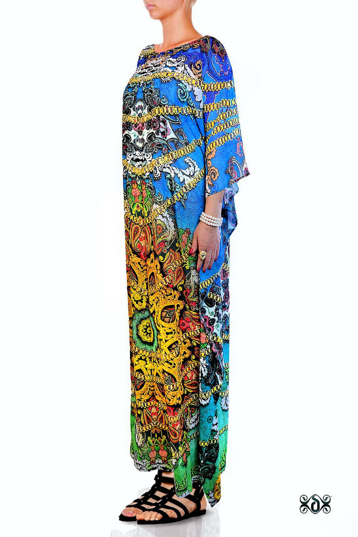 Devarshy Digital print Turquoise Bohemian Design Long Embellished Kaftan - Cyan , Apparel - DEVARSHY, DEVARSHY
 - 2