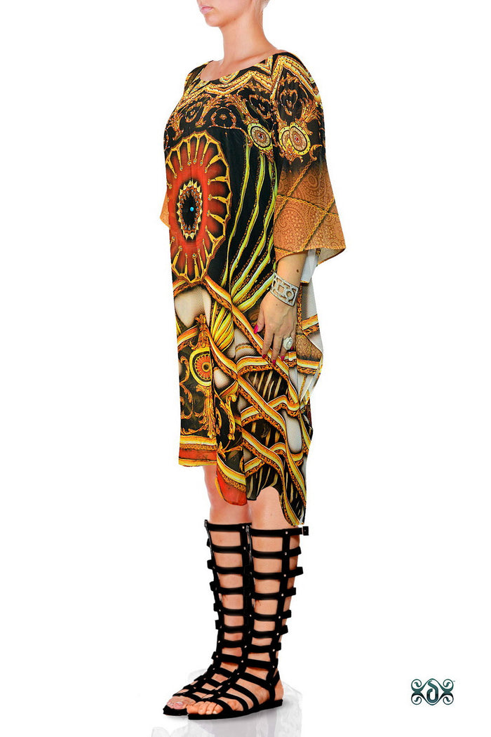 Baroque Mandala Short Kaftan, Crystals Embellished Kaftan, Georgette Kaftan - 1109C