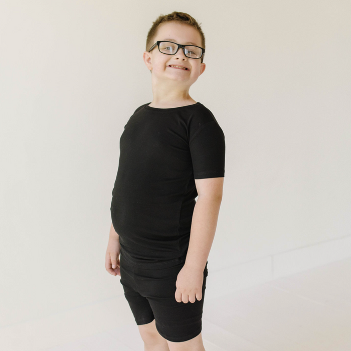 Black Mini Ribbed Two Piece Kid's Short Jammie Set (6-12/14)
