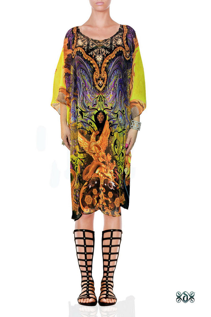 Decorous Yellow Kaftan, Embellished Kaftan, Short Georgette Kaftan - 1103B