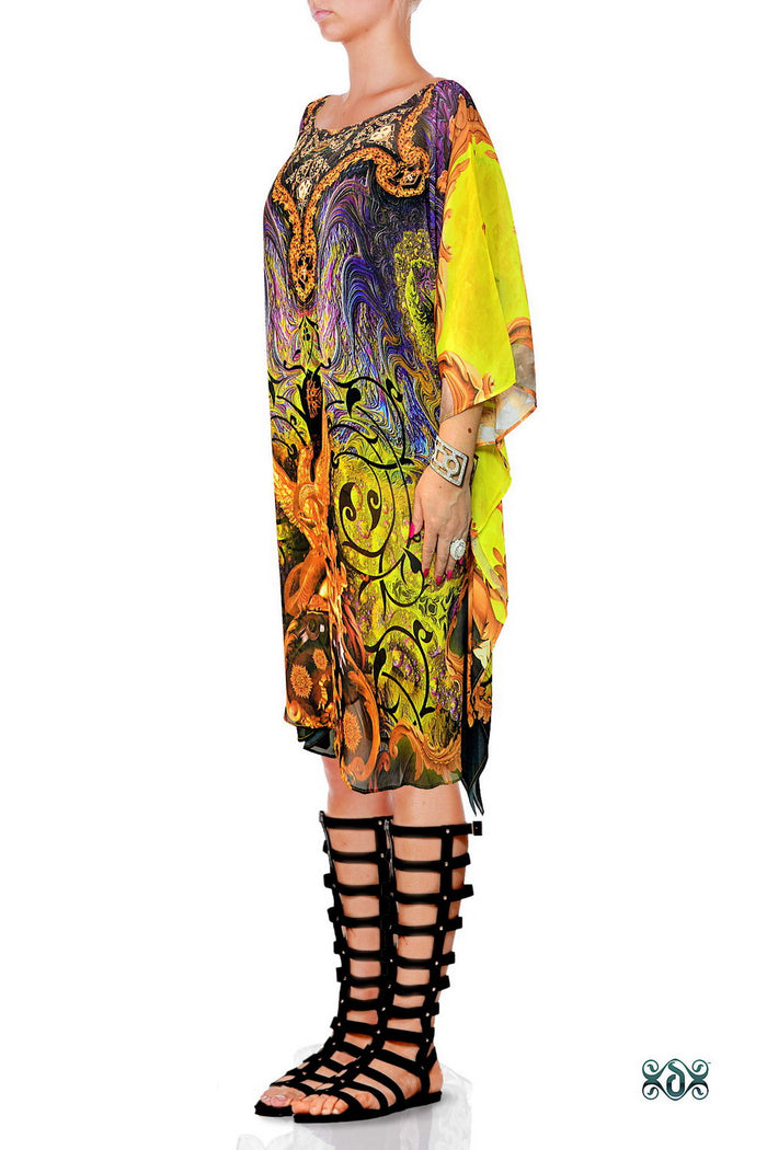 Decorous Yellow Kaftan, Embellished Kaftan, Short Georgette Kaftan - 1103B