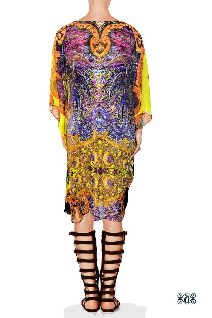 Decorous Yellow Kaftan, Embellished Kaftan, Short Georgette Kaftan - 1103B