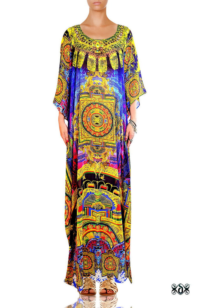 Devarshy Designer Digital print Decorous Tibetan painting Long Embellished Kaftan - 1065C , Apparel - DEVARSHY, DEVARSHY
 - 1