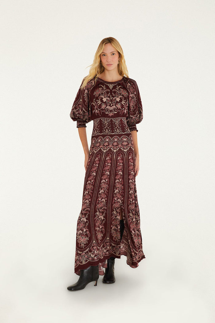 Farm Rio Liz Puff Sleeve Maxi Dress in Burgundy