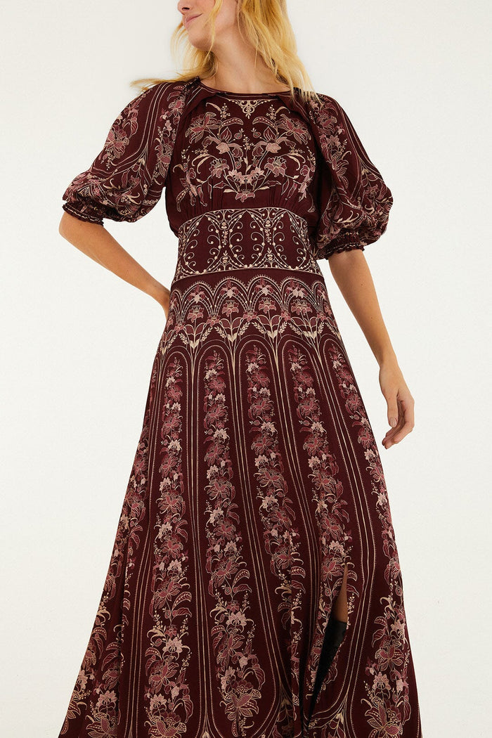 Farm Rio Liz Puff Sleeve Maxi Dress in Burgundy