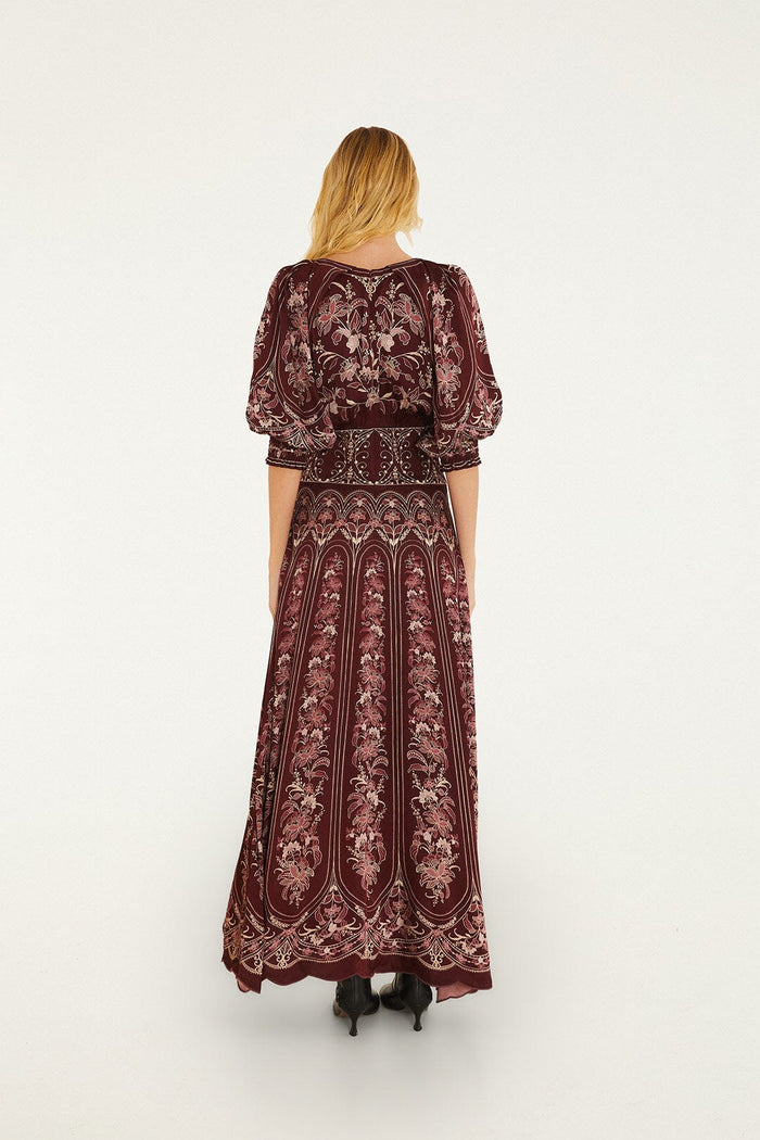 Farm Rio Liz Puff Sleeve Maxi Dress in Burgundy