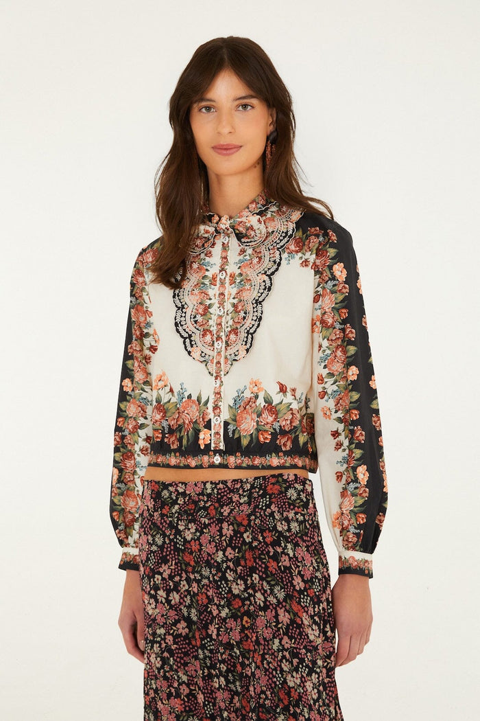 Farm Rio Winter Floral Long Sleeve Shirt in Winter Floral Cream