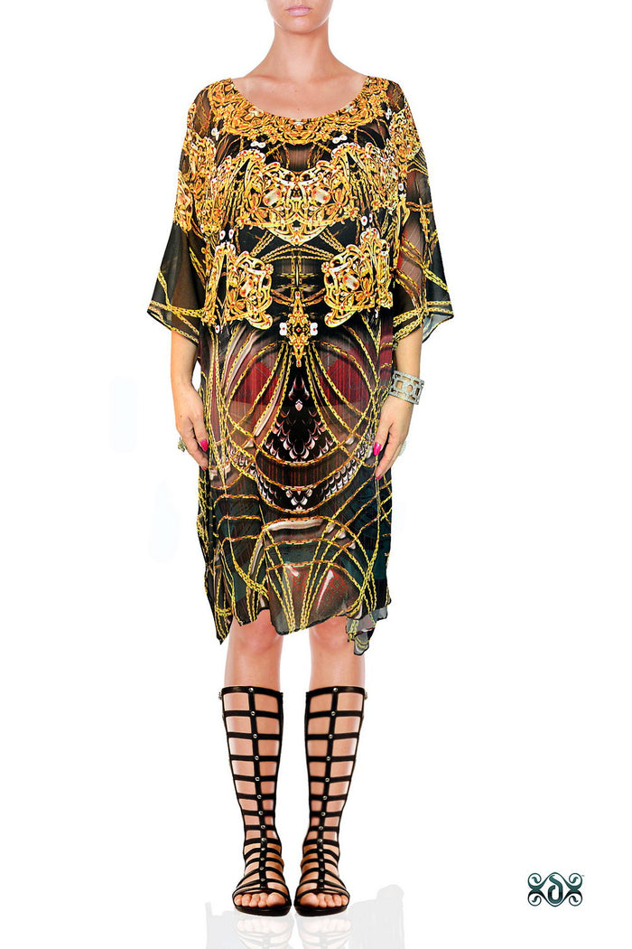 Golden Intricate Kaftan, Short Georgette Kaftan, Crystals Embellished Caftan - 1113A