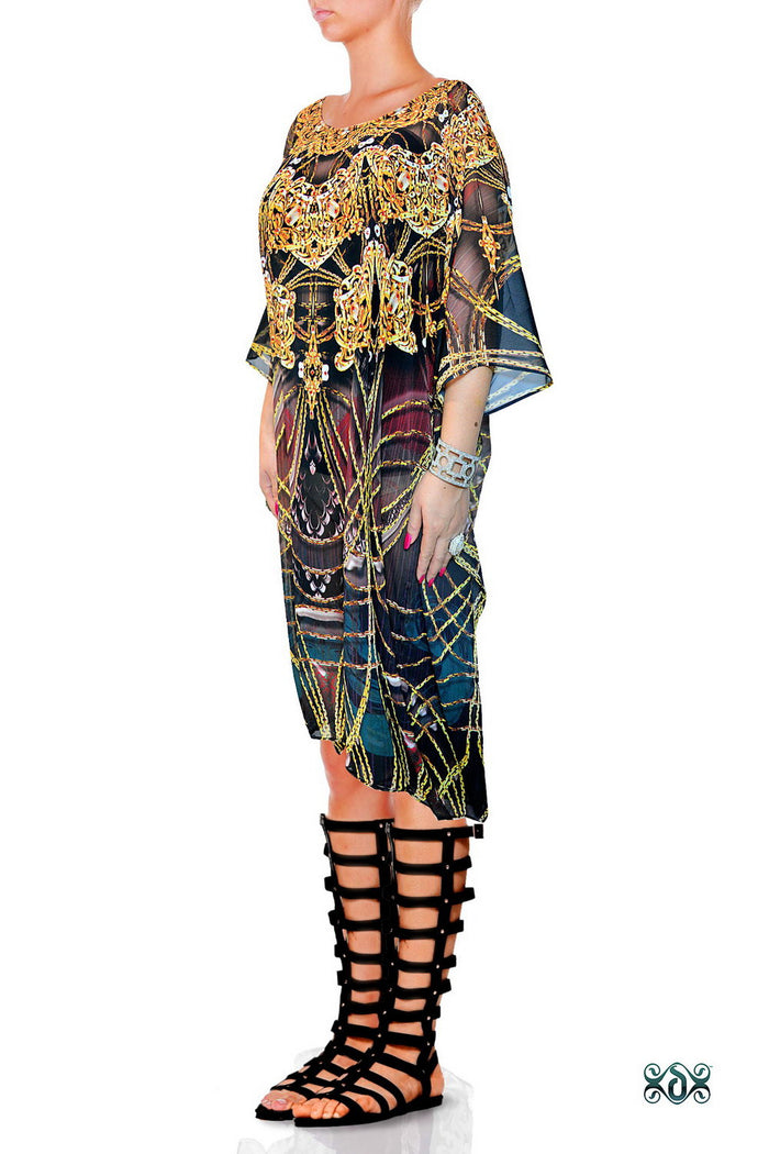 Golden Intricate Kaftan, Short Georgette Kaftan, Crystals Embellished Caftan - 1113A