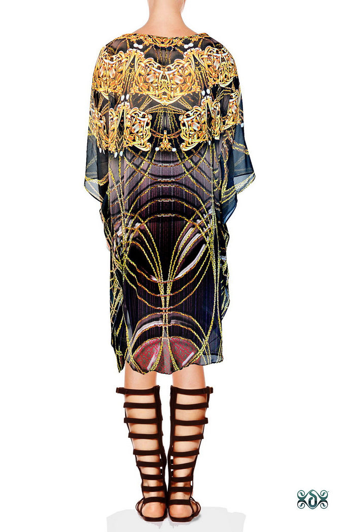 Golden Intricate Kaftan, Short Georgette Kaftan, Crystals Embellished Caftan - 1113A