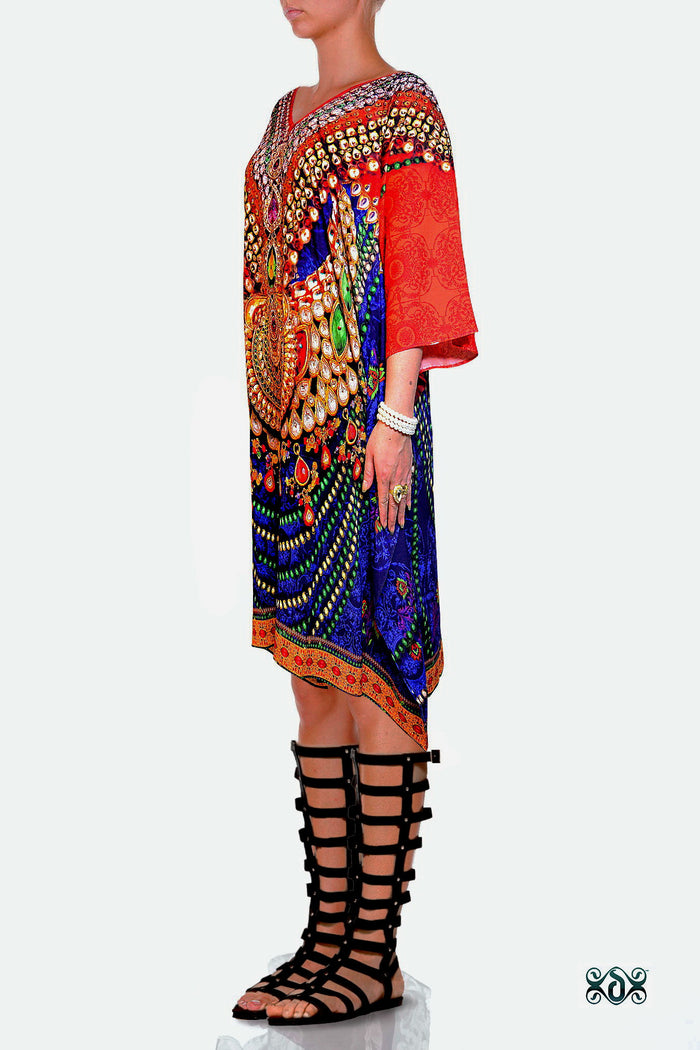 Devarshy Designer Regal Decorative Short Embellished Pure Silk Kaftan - Blue Orange , Apparel - DEVARSHY, DEVARSHY
 - 2