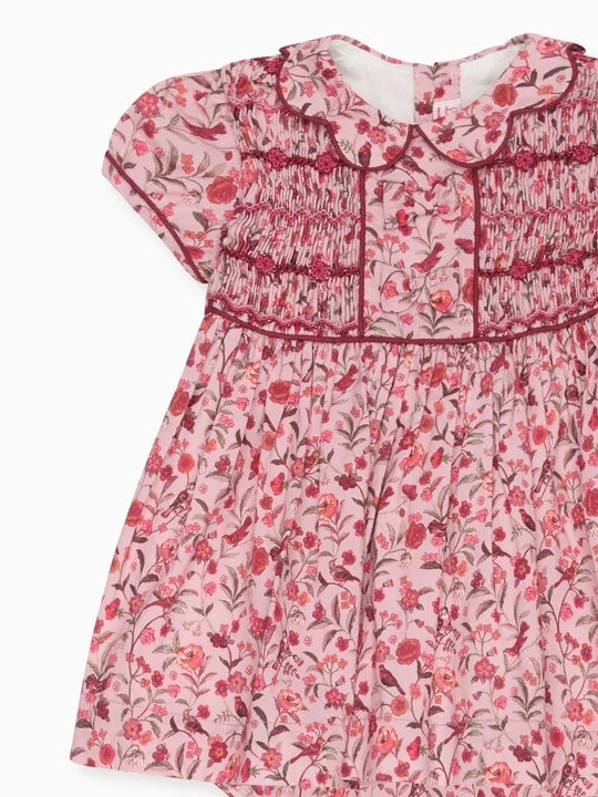 La Coqueta Scarlett Baby Girl Hand Smocked Fish in Pink Bird Floral