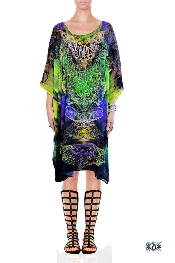LA Futurismo Intricate Green Devarshy Short Georgette Kaftan - 1052A
