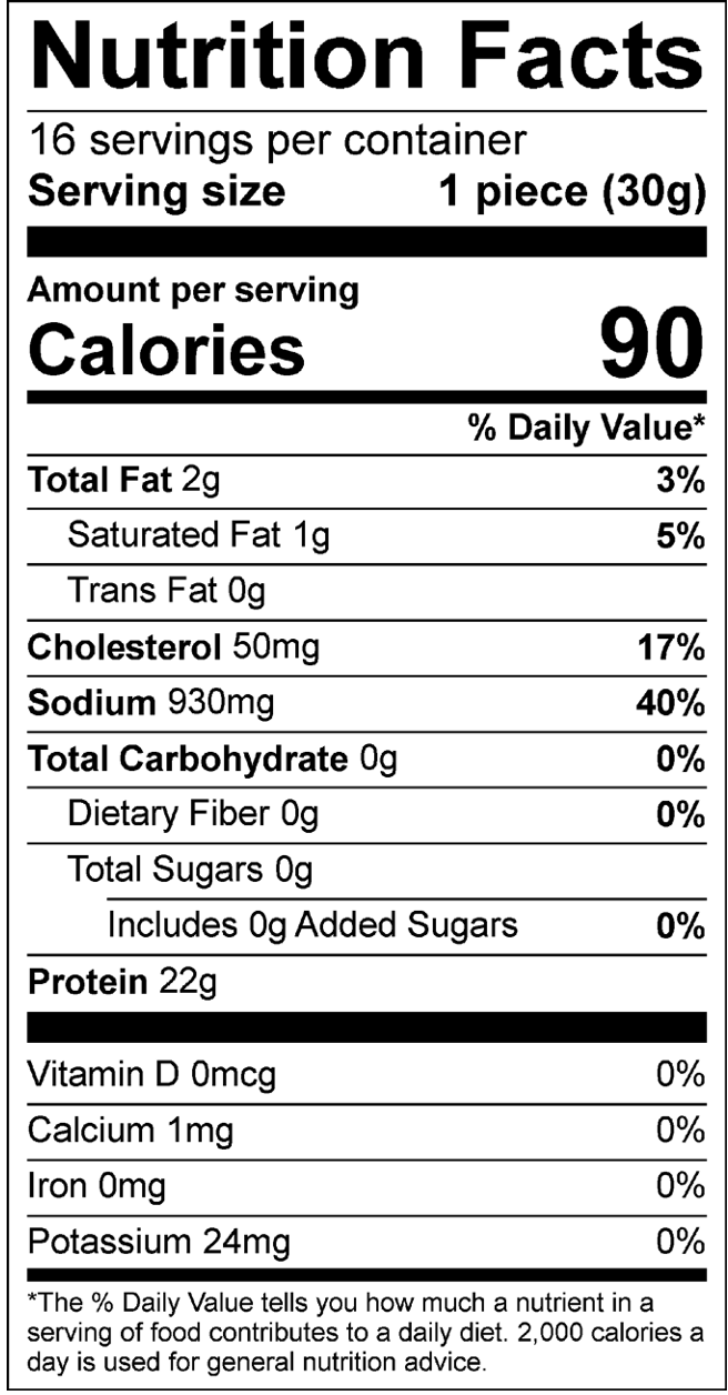 Nutrition Facts label for Lowfeld Soul Food Biltong showing 90 calories and 22g protein per 30g serving.