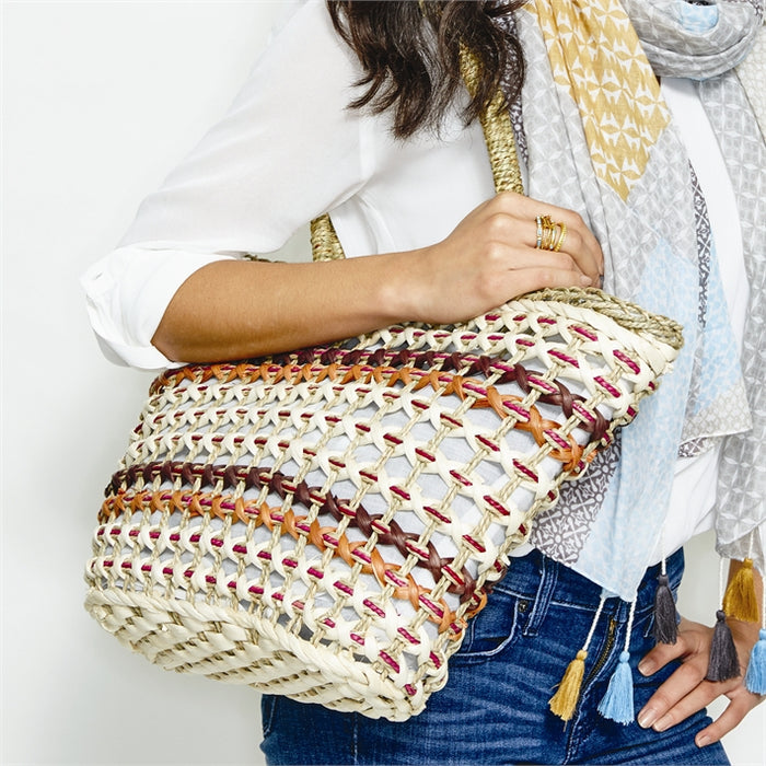 Multi Striped Straw Tote Bag
