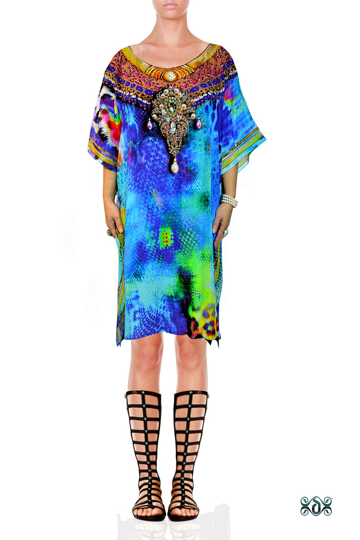 NATURE MORTE Cobra Leopard Devarshy Pure Silk Short Embellished Kaftan - 0013
