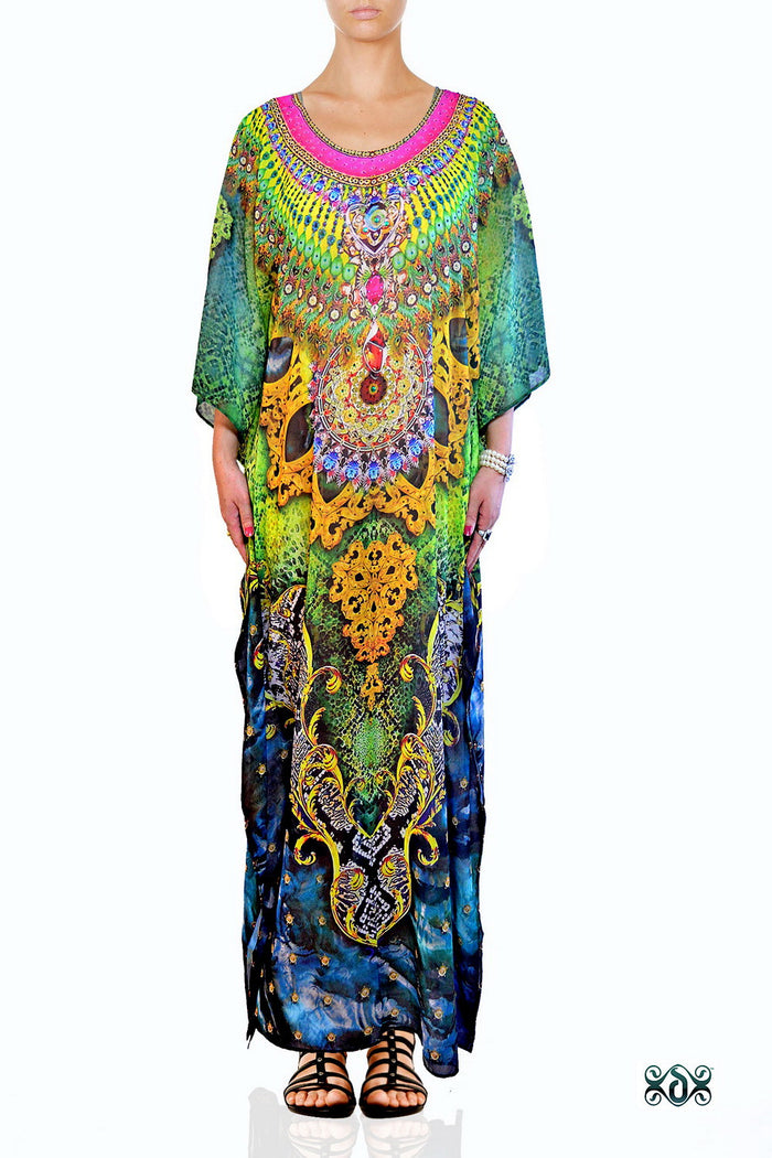 Devarshy Digital Print SBD Elegant Green Animal Print Embellished Long Kaftan - 004A , Apparel - DEVARSHY, DEVARSHY
 - 1