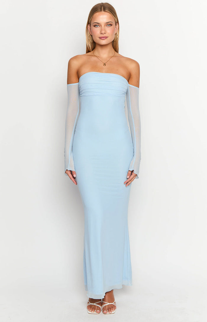 Light blue strapless maxi dress featuring a ruched bodice and sheer detached long sleeves