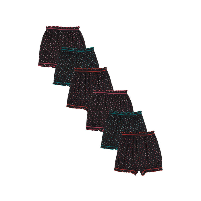Redrose Girls' Printed Cotton Bloomers – Pack of 6 | Black Base with Frill Hem 🌙✨ | BLM-228